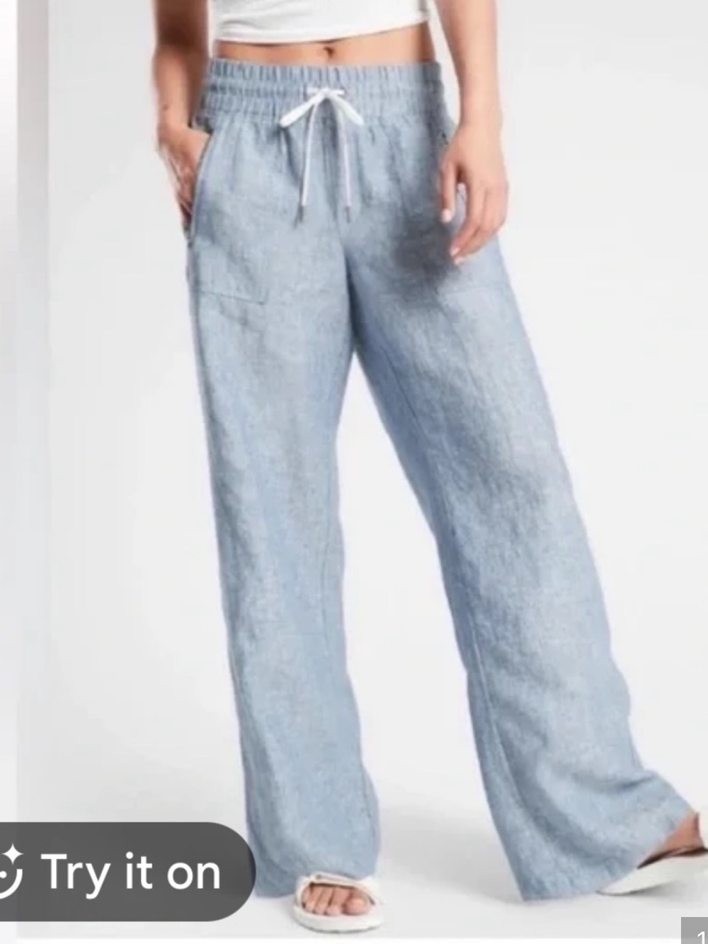 Athleta Light Blue 100% Linen Drawstring Wide-Leg Pants
